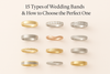 15 different types of wedding bands arranged in a 3x5 grid on a soft pastel background with the title "15 Types of Wedding Bands & How to Choose the Perfect One" displayed at the top
