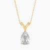 Gold necklace with a teardrop-shaped diamond pendant on a white background