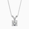 An Asscher cut diamond pendant with a colorless stone set in a white gold or platinum chain.