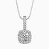 A cushion cut halo pendant with a diamond encrusted chain and pendant setting, showcasing a single central diamond.