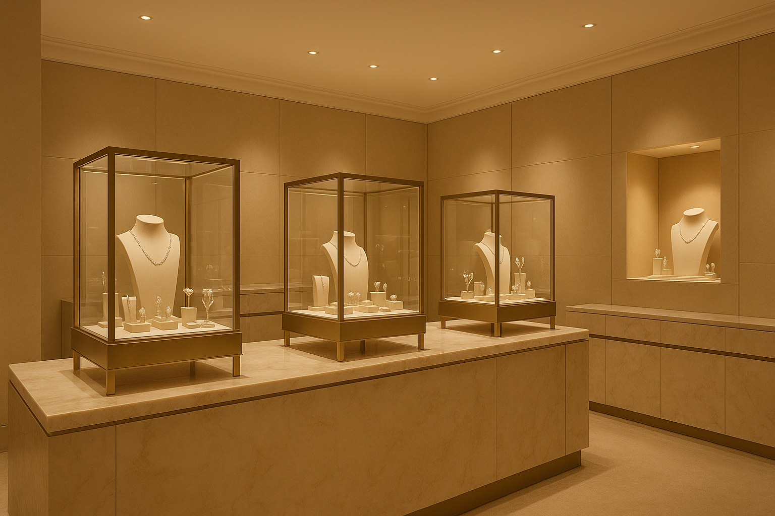 Luxury contact page hero image for Cheriva Jewels, showing elegant jewelry display or showroom ambiance with warm golden lighting, premium white and beige tones, and text overlay saying ‘Get in Touch with Cheriva Jewels,’ minimalist luxury design, high-resolution, full-width composition, responsive for all devices.

without any text